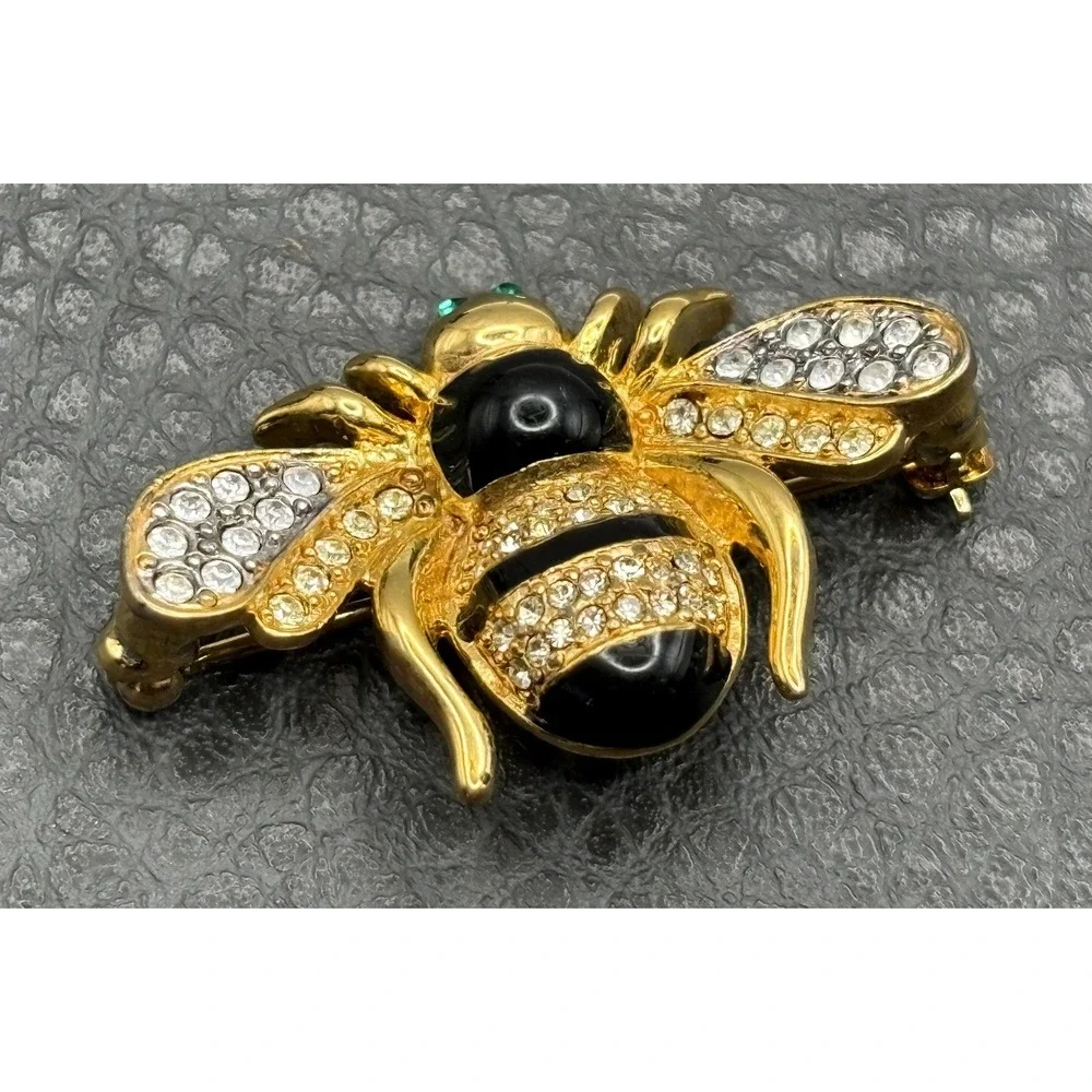 VTG MFA 1993 Enamel Bee Insect Brooch Black Glass Rhinestone Crystal Pin